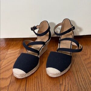 Talbots Lyndsay Strappy Canvas Espadrille Wedges Indigo Navy size 9.5 nautical‎